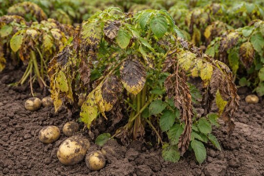 Potato Plants with Wilted Leaves and Harvested Tubers in an Agricultural Field