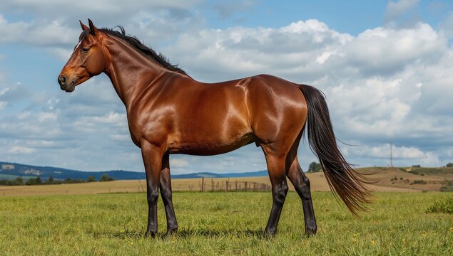 Brown Horse Standing Gracefully in a Green Meadow Under a Blue Sky