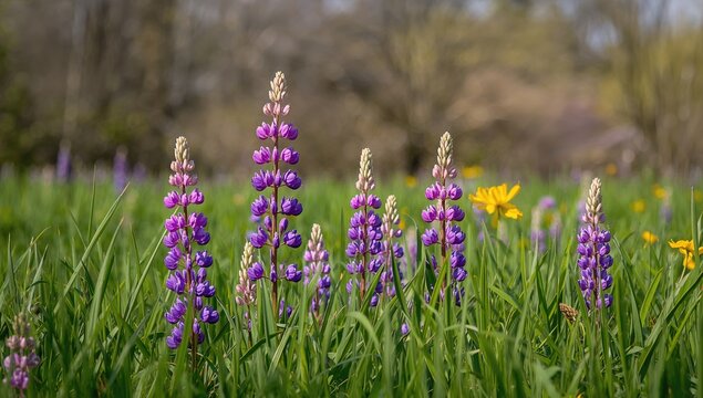 Vibrant Purple Lupine Blossoms in a Meadow with Yellow Wildflowers