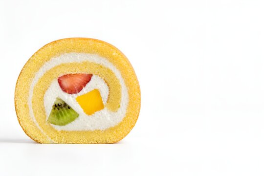 Fruit roll cake slice with strawberry kiwi and mango on white background