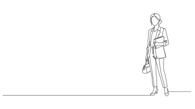 animated continuous line drawing of businesswoman in blazer suit, carrying folder and handbag, line art animation