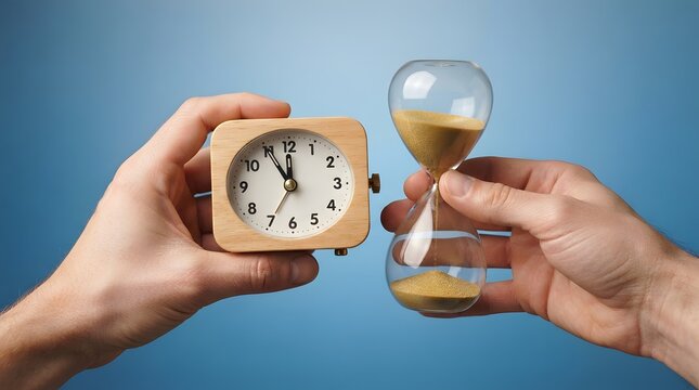  Hands holding clock and hourglass, time management, deadline, and urgency concept