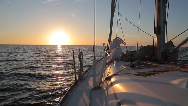 Sailing Yacht Deck Facing Golden Sunset on Mediterranean Sea