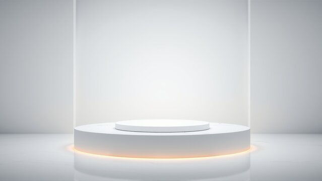 Minimalist stage. White cylindrical pedestal illuminated. Soft glow emanates from base, creating dramatic spotlight effect. Clean presentation space.