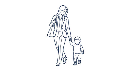 Obraz premium Businesswoman Walking with Toddler Line Art Illustration