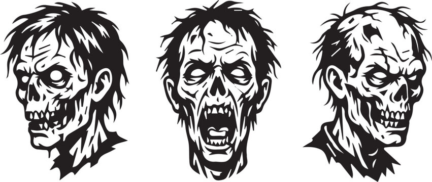 Scary Zombie Head Vector Silhouette Halloween Spooky Art Set