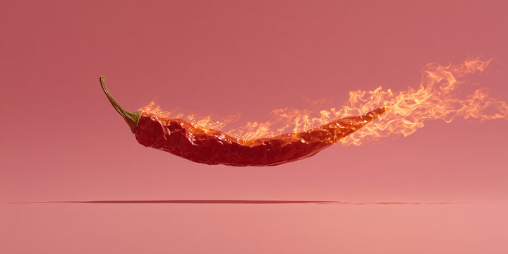 A red chili pepper engulfed in flames, symbolizing intense heat and spice. The background is a soft, warm tone, enhancing the fiery subject