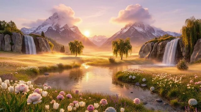 Breathtaking Mountain Landscape with Dual Waterfalls and Vibrant Spring Flowers at Golden Sunrise