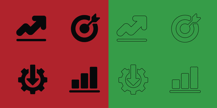Financial growth and business management including bar charts, target goals, and gear settings with downward arrows