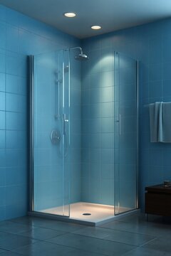 Glass corner shower enclosure in blue tiled bathroom interior