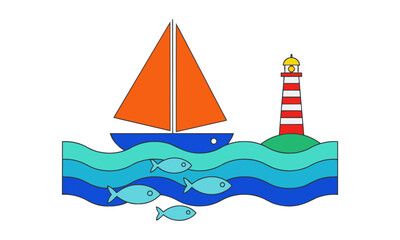 Naklejka premium Whimsical sailboat gliding on stylized ocean waves with fish and a distant geometric lighthouse on a pure white background, nautical travel concept