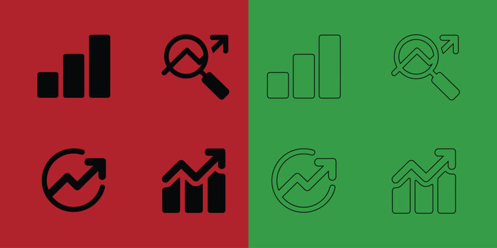 Financial growth and data analysis set featuring bar charts, magnifying glass, and circular arrow symbols black