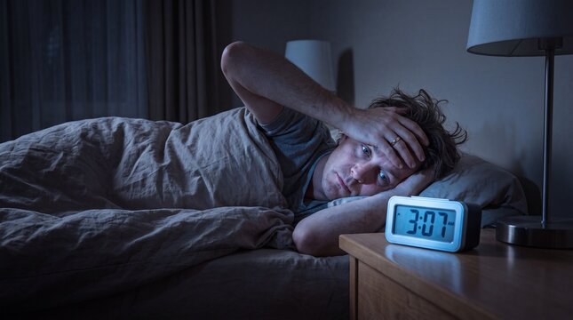 Man lying awake in bed looking at a digital alarm clock showing 3:07 AM in a dark blue bedroom