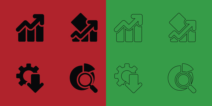 Financial growth and data analysis set featuring bar charts, upward arrows, gear settings, and pie chart research