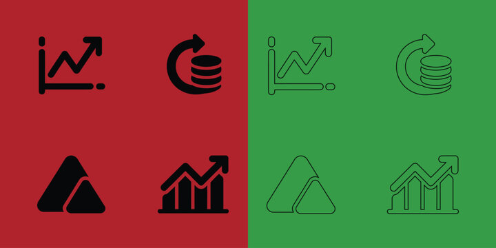 Financial growth and investment featuring line graphs, coin stacks, and triangular shapes in solid and outline styles