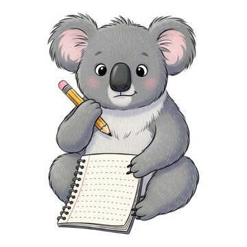 Cute cartoon koala bear holding pencil and notepad ready to write adorable animal illustration for kids