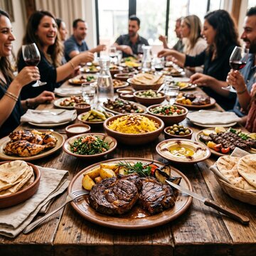 Group of people eating dinner at a long wooden table with food and wine