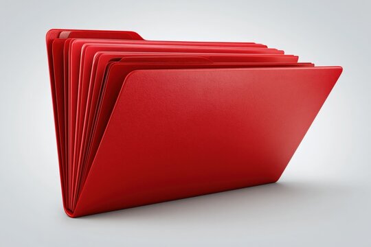 Set of red file folders fanned open on neutral gray background