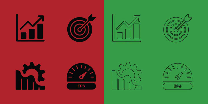 Financial growth and performance set featuring bar graphs, target darts, gear charts, and eps speedometer gauges