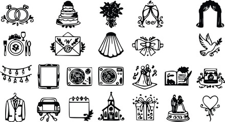 Naklejka premium Collection of hand drawn wedding icons set featuring rings cake flowers champagne glasses bride groom and romantic symbols