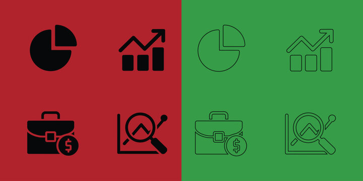 Financial management and business analysis set featuring pie charts, growth graphs, briefcases, and magnifying glass
