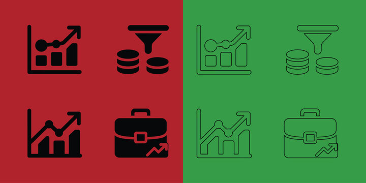 Financial growth including bar charts, coin stacks with funnels, and briefcases in solid and outline styles