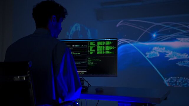 Software developer monitoring artificial intelligence systems and programming code on multiple displays in a modern technology workspace