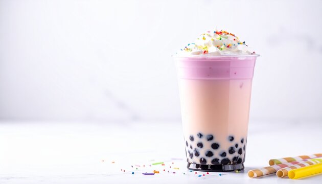 A vibrant and colorful bubble tea drink with tapioca pearls, pink and purple layers, whipped cream, and sprinkles on a light background.