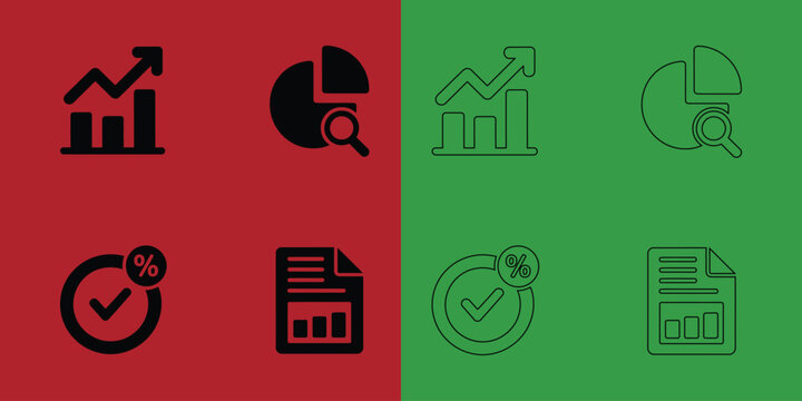 Financial reporting and data analysis set featuring growth charts, pie charts, percentages, and document reports