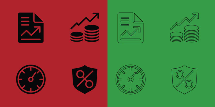Financial reporting and economic security featuring document charts, coin stacks, speedometers, and percentage shields