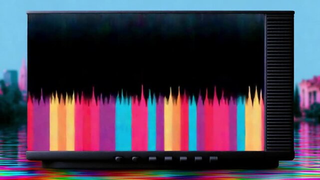 Modern LED television displaying colorful vertical lines against a cityscape background