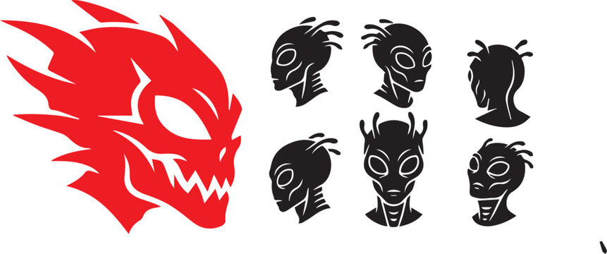 Red alien head monster mascot and black silhouette icon set