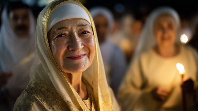 Devout Elderly Woman Celebrating Saint Teresa of Avila Feast Day with Candlelight Vigil Procession During Religious Observance Ceremony
