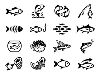 Obraz premium Fish Icons Set - Fishing, Seafood, Marine Life, Aquatic Animals