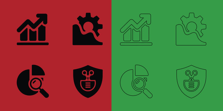 Set of business and data analysis featuring graphs, gears, magnifying glass, and shield with scissors symbol