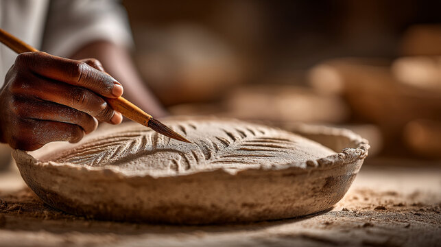 Artist drawing intricate details on a clay plate with a wooden tool, sculpting