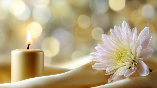 Elegant composition with a glowing golden candle and a delicate white chrysanthemum flower for Saint Teresa of Avila Feast Day celebration