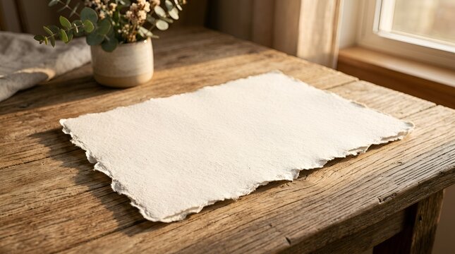 Blank Textured Paper on Rustic Wooden Table with Soft Light