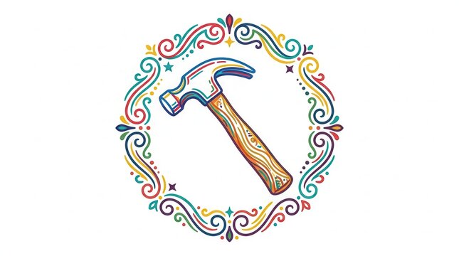 colorful hammer in ornate circle