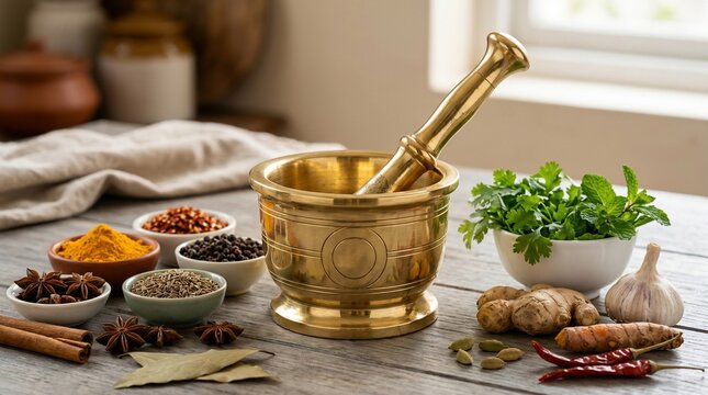 Brass mortar and pestle with fresh herbs and spices on wooden table
