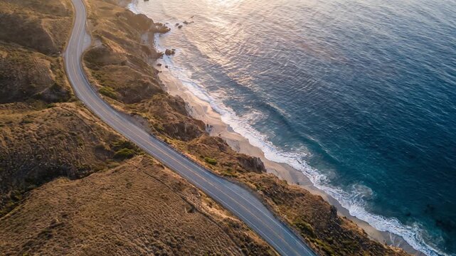 夕日が水面に反射する一本道の海岸ハイウェイ空撮映像