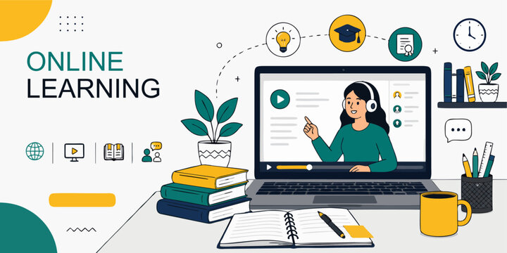Online Learning Banner Featuring Student Attending Virtual Educational Classes