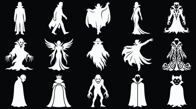 A comprehensive halloween vector bundle featuring various spooky silhouettes of ghosts monsters vampires and dark gothic characters isolated on a black background