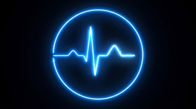 A glowing neon blue circular outline with stylized heartbeat waveform inside, symbolizing vitality, health monitoring, and digital signal activity against a dark futuristic background.