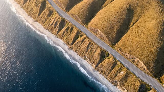 侵食で刻まれた尾根を貫くガードレール付き海岸道路の空撮