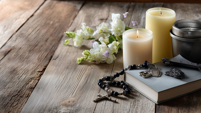 Devotional Still Life with Rosary and Candles for Saint Teresa of Avila Feast Day Commemoration