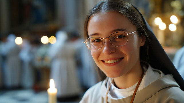 A Joyful Portrait of a Young Nun Celebrating the Saint Teresa of Avila Feast Day in a Quiet Church Setting