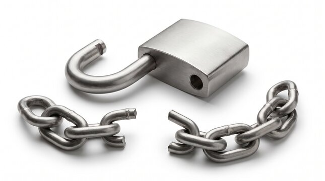 Stainless steel open padlock with broken chain isolated on white background, concept of freedom and security