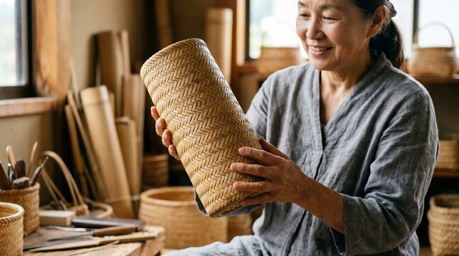 Elderly woman holding a woven bamboo basket in workshop