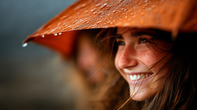 Young smiling woman standing outdoors under an orange umbrella during rain